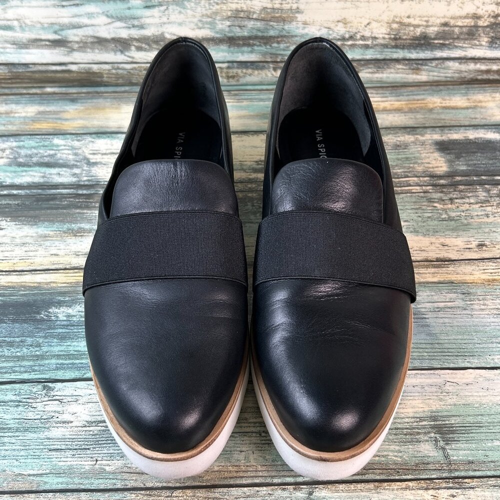 Via Spiga Loafer Womens 7.5M Black Leather Dress Comfort Shoe Wedge Heel Slip On